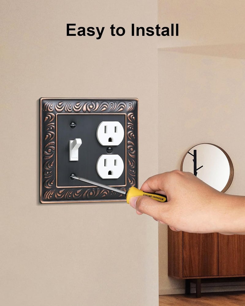 treewell 2-Pack Combo Toggle/Duplex Light Switch Cover Plate, Paisley Pattern Decorative Wall Outlet Cover Plate, Aged Bronze 2 Gang Metal Wall Plates for Electrical Outlets, Light Switch - Image 5
